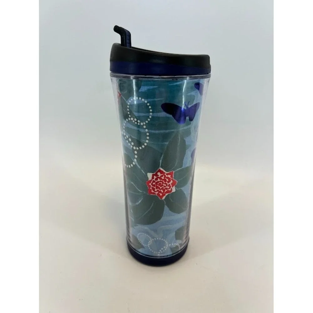 2007 Starbucks‎ Blue Metallic Floral Flower Butterfly 16 oz Tumbler